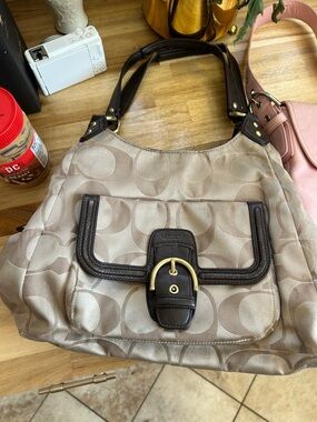 Coach Campbell Taupe Shoulder Bag with Dark Brown Trim